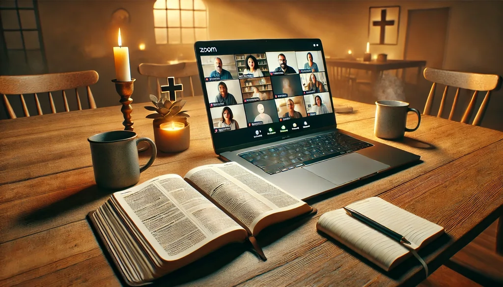 Foreground: A modern laptop screen displaying a Zoom meeting with multiple participants in small video windows. The participants' faces are blurred or replaced with simple silhouettes to avoid specific characters. Bible Study Elements: An open Bible is prominently placed next to the laptop, with highlighted verses visible (but no text). A notebook and pen are beside it, indicating note-taking. Setting: A warm, inviting indoor space with soft lighting, possibly a wooden table or desk. A coffee mug or teacup is nearby, adding to the atmosphere of deep reflection and study. Spiritual Symbolism: A small cross, a lit candle, or a soft glow suggesting divine presence, reinforcing the spiritual nature of the study.