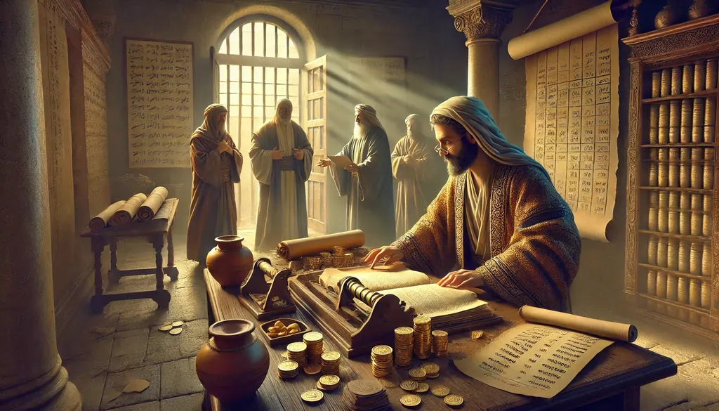 Luke 16:1-13 Explained: The Shrewd Manager
Image illustrating the Parable of the Shrewd Manager.
A wealthy landowner’s office in an ancient Middle Eastern setting, filled with scrolls, clay tablets, and accounting tools.
A shrewd manager, dressed in fine yet slightly worn robes, hurriedly adjusting financial records on a wooden desk. He appears deep in thought, calculating debts.
Two debtors, humbly dressed, standing before the manager, appearing relieved as he reduces their debts. One holds a jar of oil, symbolizing the owed goods.
Sunlight streaming through a window, casting dramatic lighting on the scene, emphasizing secrecy and urgency.
Gold coins, parchment scrolls, and ledger markings, reinforcing the financial aspect of the story.
A distant figure of the master, standing in the background near a large doorway, watching with a neutral or approving expression.