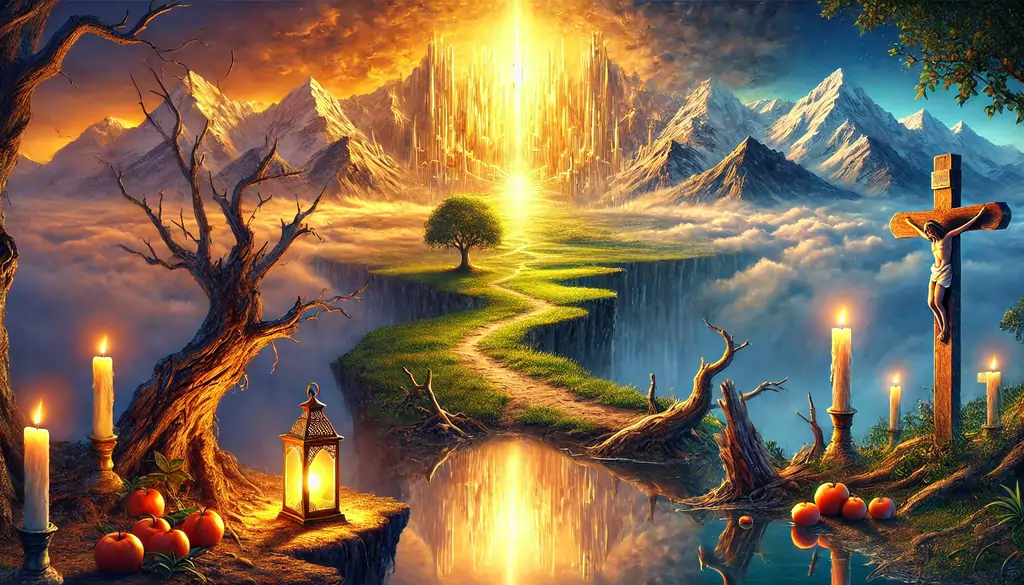 A majestic yet humble landscape: A grand, radiant kingdom in the distance, bathed in divine light, contrasting with a simple, narrow path leading toward it. The kingdom will appear golden and glorious, yet surrounded by an atmosphere of peace and humility.

An upside-down mountain reflection: A towering mountain range, but its reflection in a calm, clear lake below will appear inverted—symbolizing how God's kingdom operates differently from earthly expectations (Matthew 20:16, "The last will be first, and the first will be last").

Light and darkness paradox: A single, small candle or lantern placed in the foreground, illuminating an enormous space—a symbol of how a little faith can bring great light (Matthew 5:14-16).

A barren tree bearing fruit: A withered-looking tree yet filled with abundant, ripe fruit, representing life coming from death and strength from weakness (John 12:24).

A golden crown placed on a rugged wooden cross: A symbol of victory through suffering, embodying Christ's triumph through humility (Philippians 2:8-11).