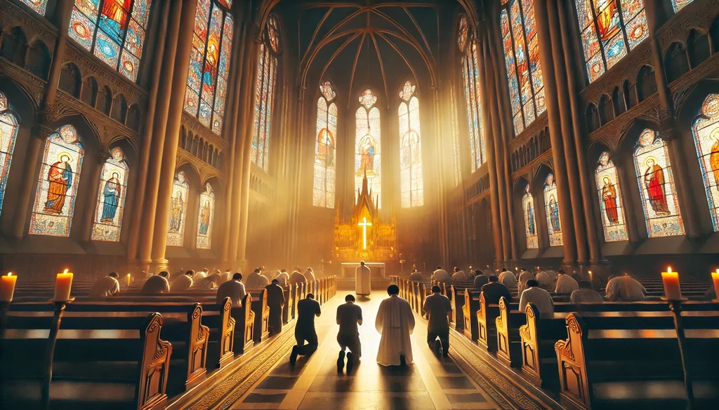 A grand, softly lit church interior with tall stained-glass windows casting colorful light onto the stone floor. The atmosphere will feel reverent and holy. Several worshippers are kneeling or bowing deeply before an illuminated altar or a radiant cross at the front of the church, their posture embodying humility and reverence. The lighting will emphasize divine presence, with golden sunlight streaming through the windows, enhancing the spiritual ambiance. The church architecture will feature majestic columns, intricate wooden pews, and high vaulted ceilings, contributing to a timeless, sacred feel. No faces will be clearly visible, ensuring the focus remains on the posture of worship rather than individual identities. The central figure of the image is a glowing cross on the altar, symbolizing divine presence and inviting deep worship.