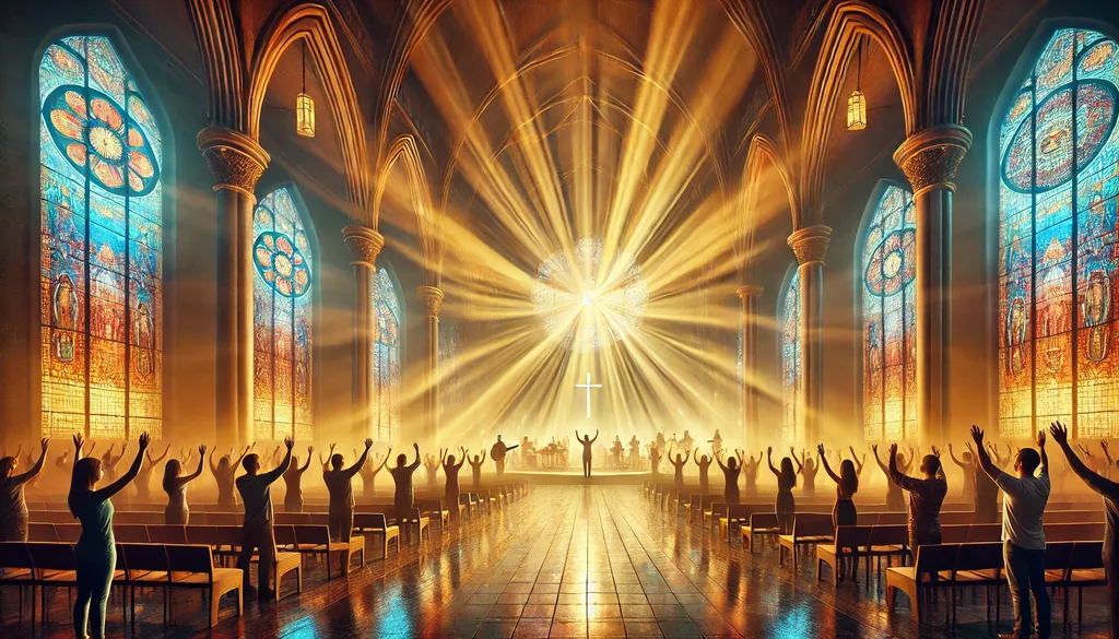 A grand worship scene unfolds in a large, open church with warm, golden light streaming through stained-glass windows, casting colorful reflections on the polished wooden floor. The church has an expansive, vaulted ceiling with intricate architectural details, evoking a sense of awe and reverence. At the center, raised hands reach toward the heavens, bathed in radiant light, symbolizing praise and surrender to God. The hands appear in different positions—some open, some clasped—representing various ways of worship. In the background, a stage with a worship band is visible, featuring instruments such as a guitar, keyboard, and drums, reinforcing the idea of music as an expression of worship. The musicians are silhouetted against a backdrop of glowing light, emphasizing the divine presence in the act of worship. A subtle cross, made of beams of light, is visible high above, emanating a soft glow, reinforcing the spiritual depth of the moment. The atmosphere is filled with a heavenly ambiance, with rays of golden light cascading down like an ethereal presence, symbolizing the Holy Spirit moving within the worship gathering. This hyper-realistic depiction captures the essence of praise as worship—expressed through raised hands, music, and divine light—without including characters, text, or symbols resembling words or numbers.